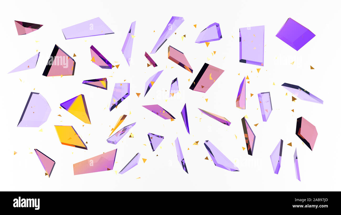 Abstract white background with isolated glass shards and glitter. 3d ...
