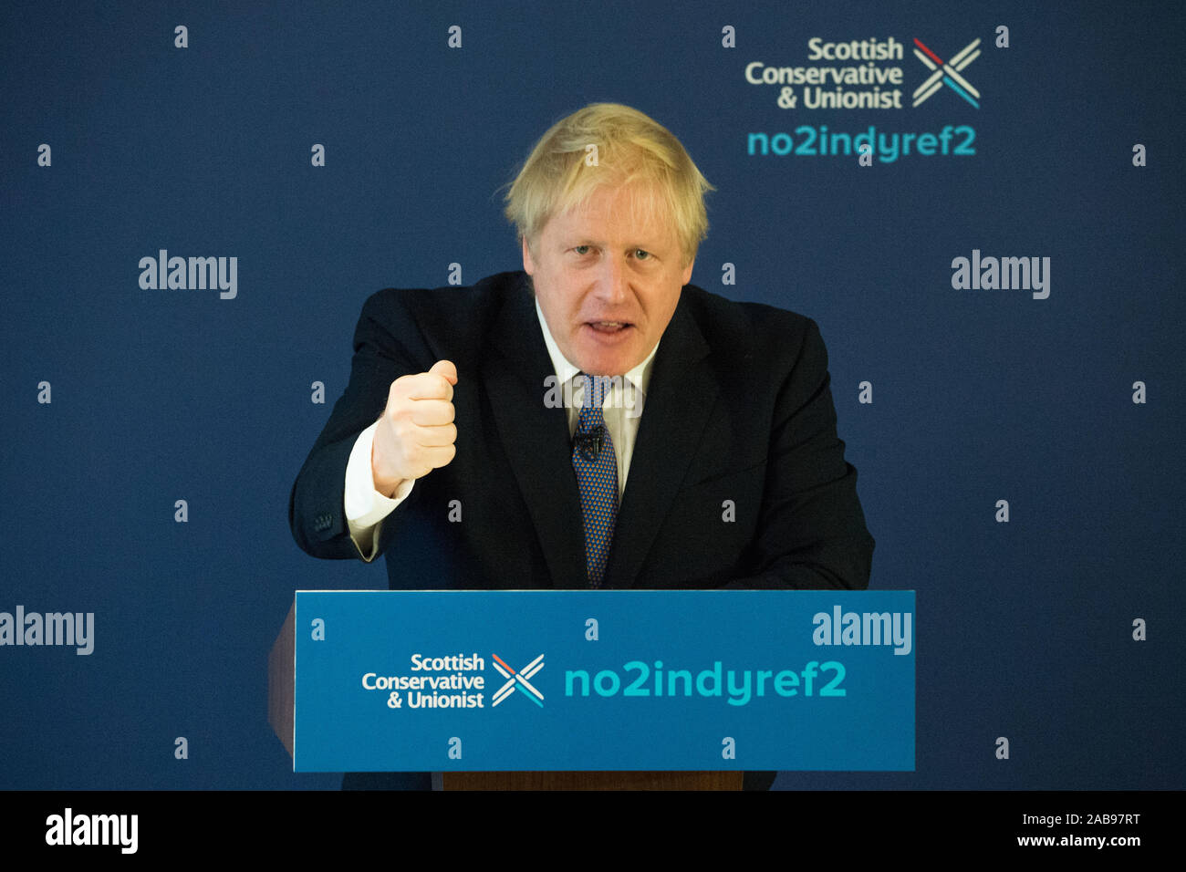North Queensferry, UK. 26 November 2019. Pictured: Boris Johnson MP - UK Prime Minister and Leader of the Conservative and Unionist Party.   Conservative Party Manifesto Launch: Boris Johnson seen on his election campaign in North Queensferry. Credit: Colin Fisher/Alamy Live News. Credit: Colin Fisher/Alamy Live News Stock Photo