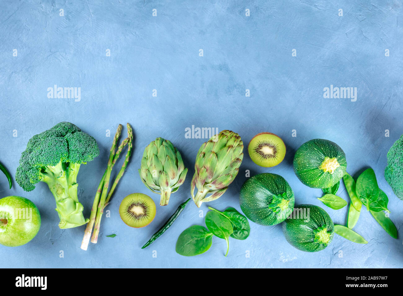 Green food, fruits and vegetables, detox diet ingredients, topdown