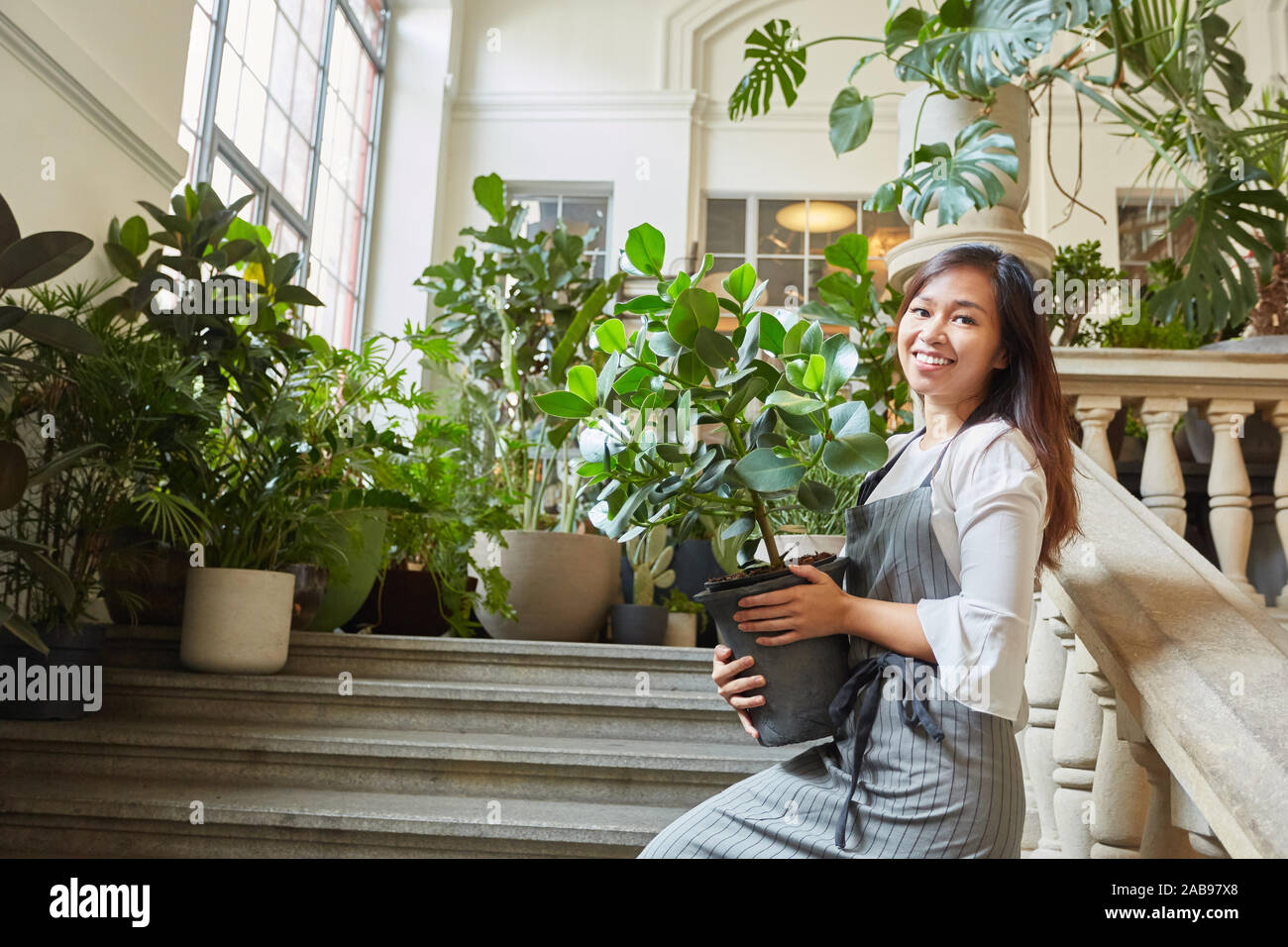 Florist of Event floristry with green plant while decorating on stairs Stock Photo