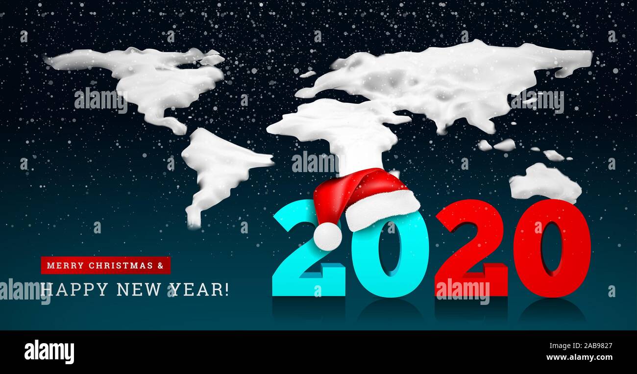 Happy New Year 2020 on the background of a snowy ice world map. Numbers 2020 under the hat of Santa Claus. Vector illustration. Stock Photo