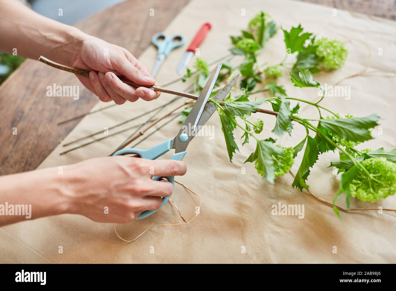 Cutting florist's hands with flower scissors while cutting flowers
