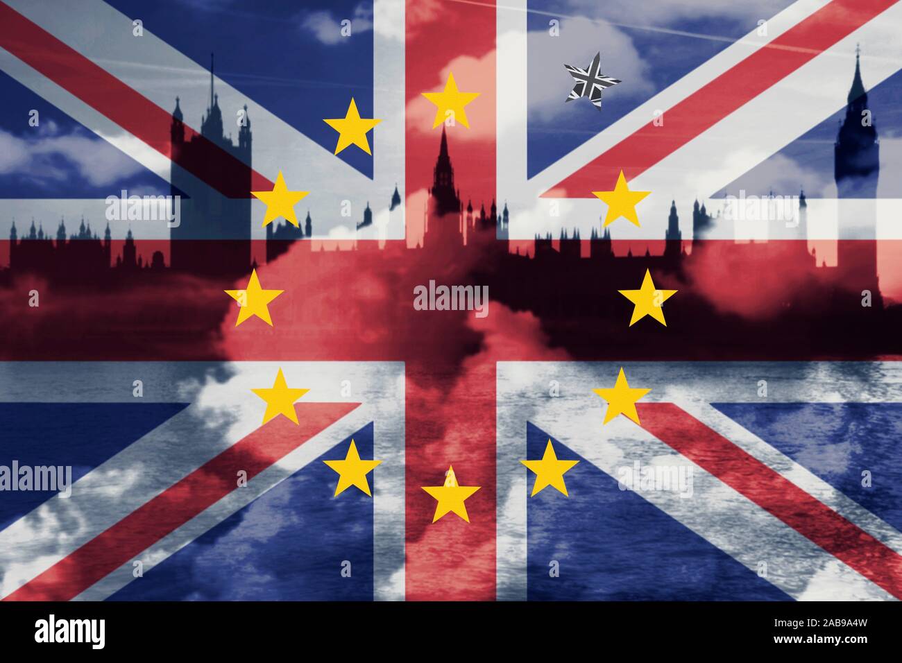 Brexit Concept. Great Britain Departing European Uniun. EU and UK Flag Against London City Background. Stock Photo