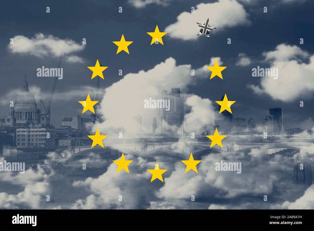 Brexit Concept. Great Britain Departing European Uniun. EU Flag Against London City Background. Stock Photo