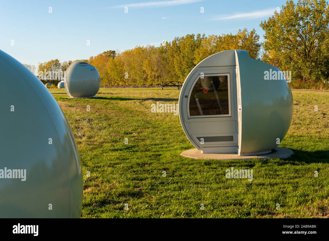 Montreal, CA - 19 October 2019 : biogas-capturing wells in the Boisé Est section of Frederic Back Park. Stock Photo