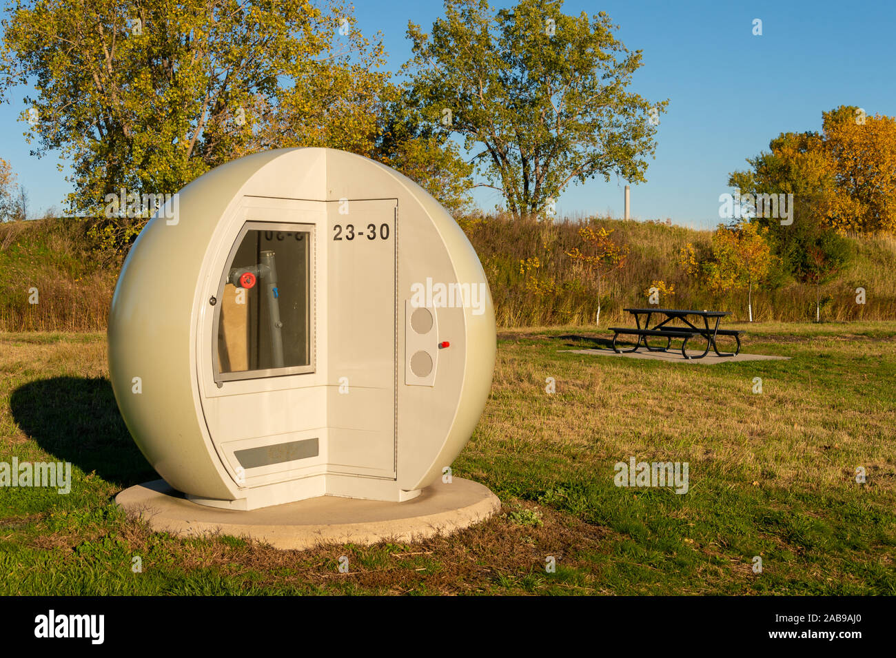 Montreal, CA - 19 October 2019 : biogas-capturing wells in the Boisé Est section of Frederic Back Park. Stock Photo