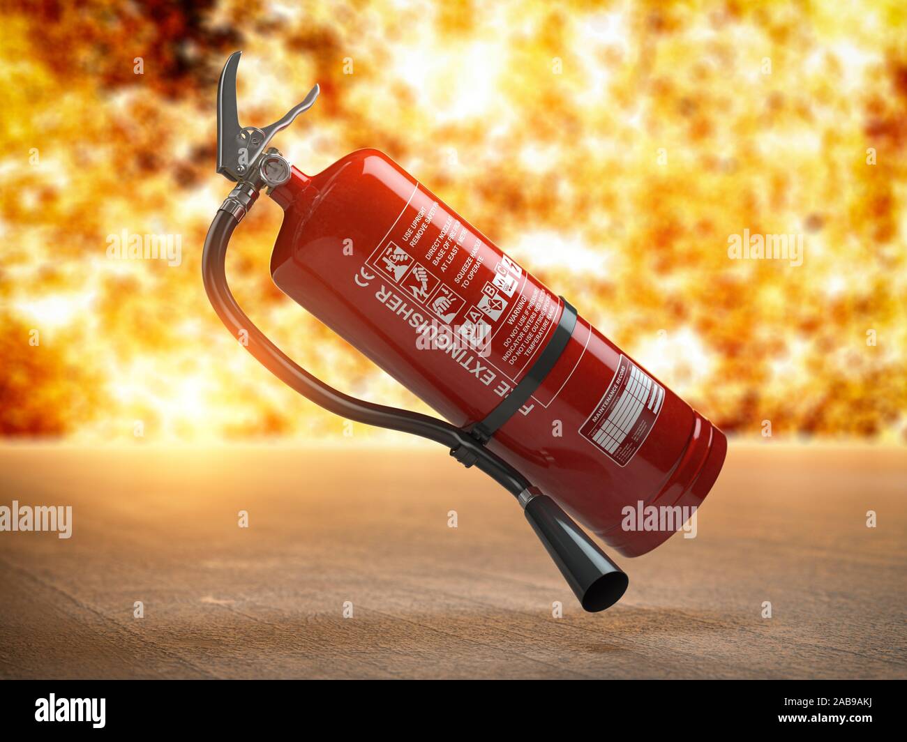 Fire extinguisher on a fire background. 3d illustration Stock Photo - Alamy