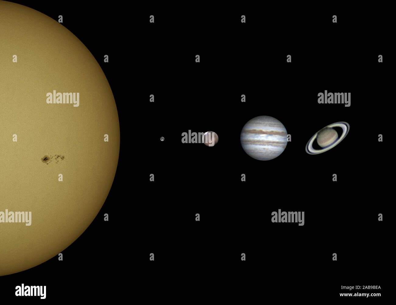 Just a representation of some planet of our solar system; Sun (with its sunspot); Moon; Mars; Jupiter and Saturn. Isolated in the deep space. Stock Photo