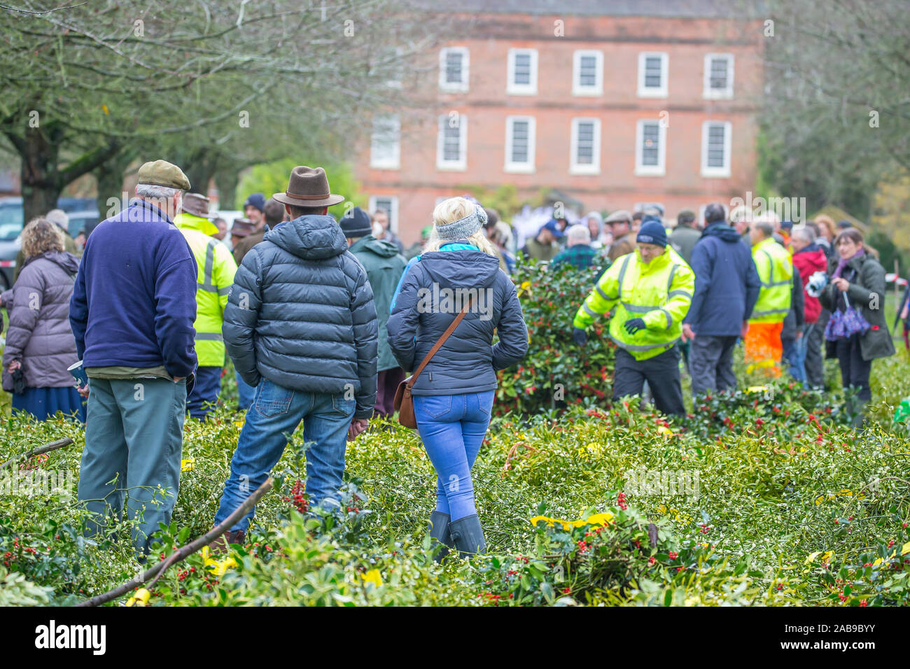 Tenbury Wells, UK. 26th Nov, 2019. In spite of wet and dreary weather, nothing dampens the spirit of these UK buyers as they flock to the Worcestershire town of Tenbury Wells for the annual Mistletoe and Holly Auction. With UK growers offering such a staggering selection of freshly-cut, berry-laden lots for this event, retailers travel from far and wide to secure the finest festive foliage for their business' countdown to Christmas. Traders wait patiently outdoors in front of host property, Burford House, for auctioneer, Nick Champion, to start the bidding. Credit: Lee Hudson/Alamy Live News Stock Photo