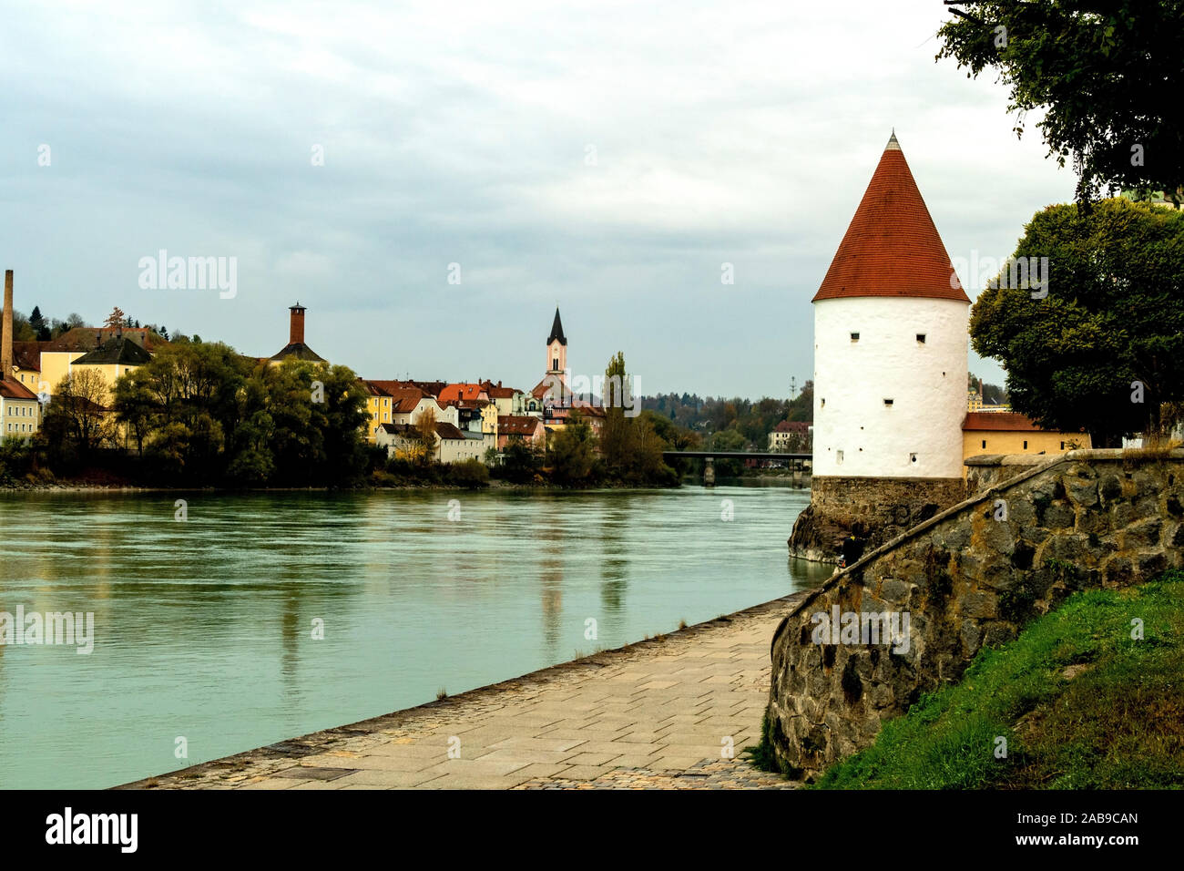 A tower overlooking the Danube rives towards the town of Anger on the northern bank of the Danube, at Passau, Germany Stock Photo