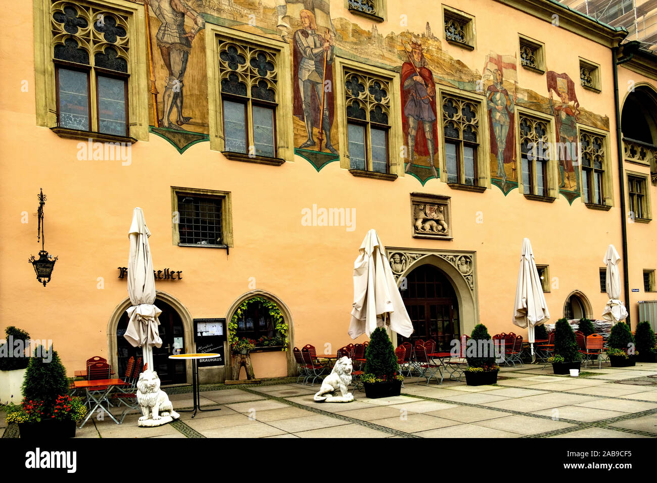 The town hall with handing heraldic banners in the city of Passau, Germany Stock Photo