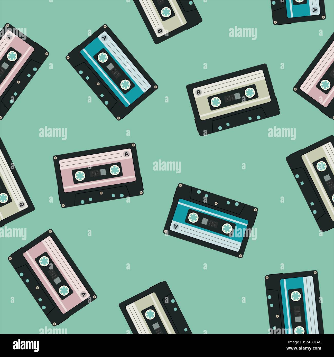 vector seamless audio cassettes background. retro equipment for audio music recorder. vintage seamless pattern with music cassette tapes Stock Vector