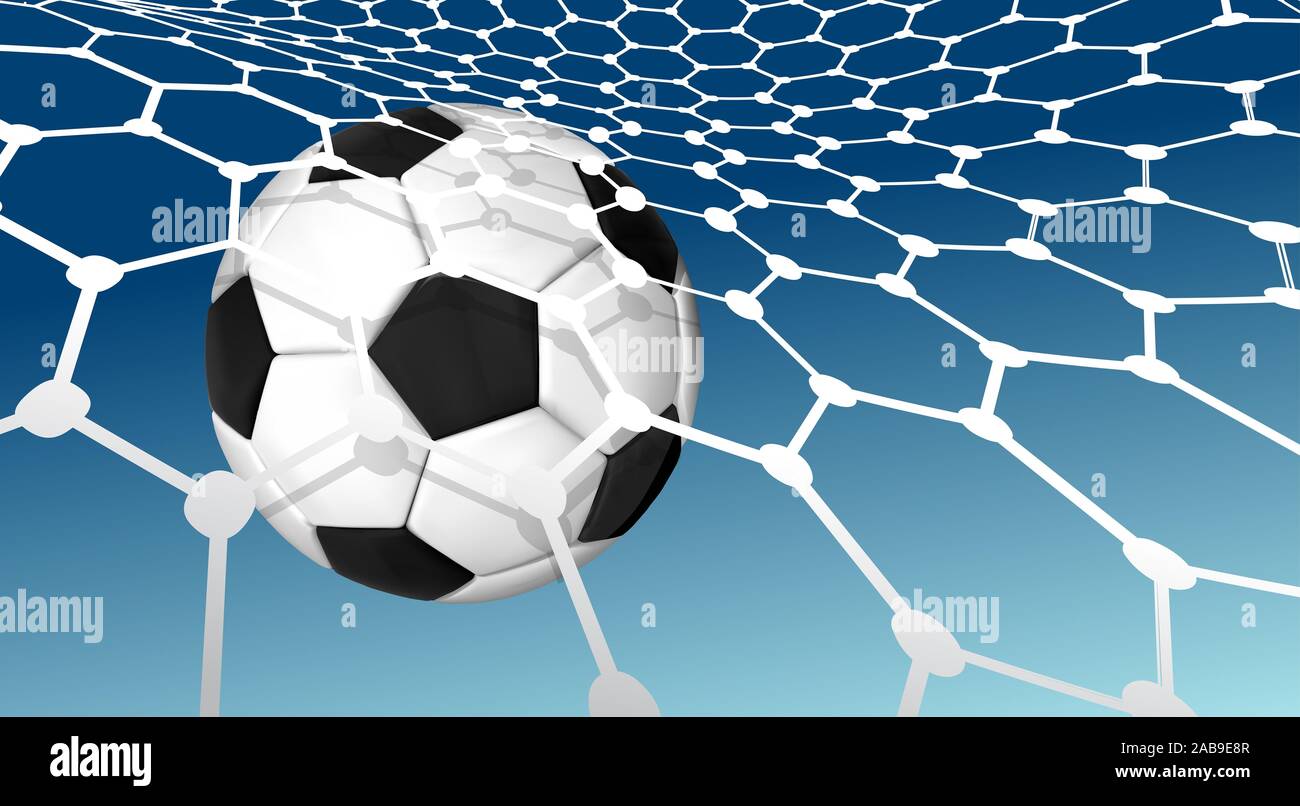Soccer ball flying into the net of a soccer goal net. Goal. Vector