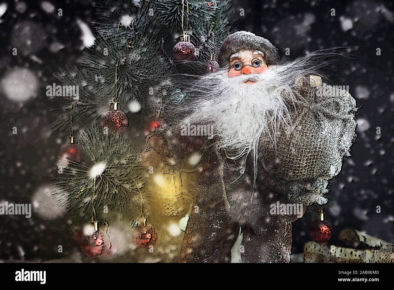 Santa Claus Outdoors Beside Christmas Tree In Snowfall Carrying