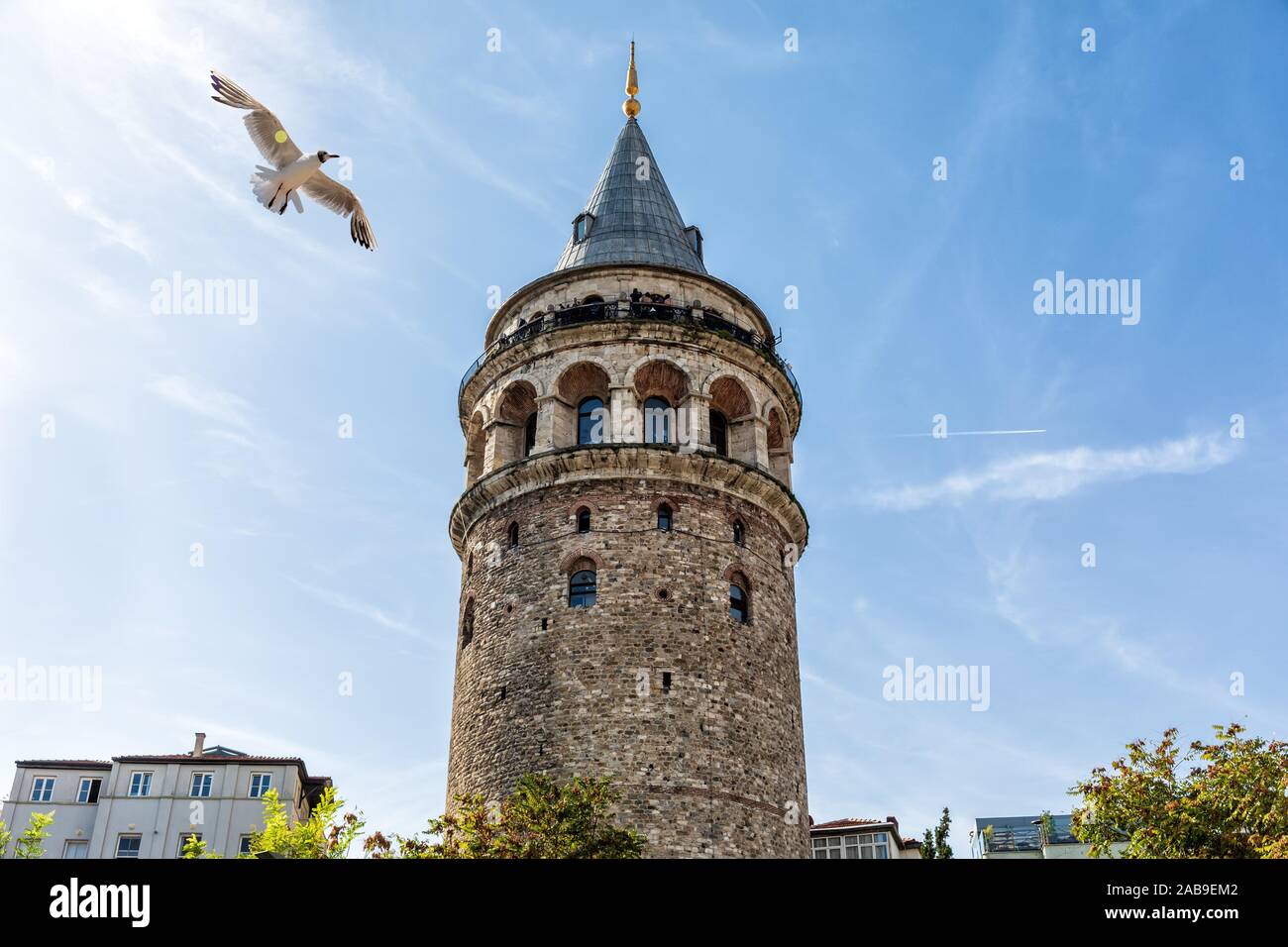 Galata Tower in the blue sky of Istanbul. Stock Photo