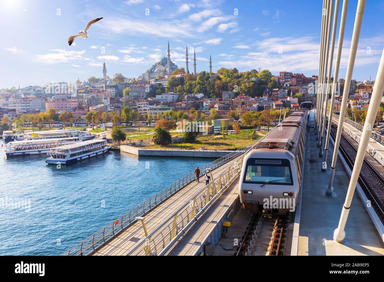 Halic metro bridge and view on the Suleymaniye Mosque, Istanbul. Stock Photo