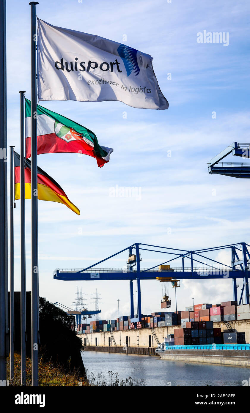 Duisburg, Ruhr area, North Rhine-Westphalia, Germany - Duisburger Hafen, Containerhafen, duisport logport, two of the world's largest container shipow Stock Photo