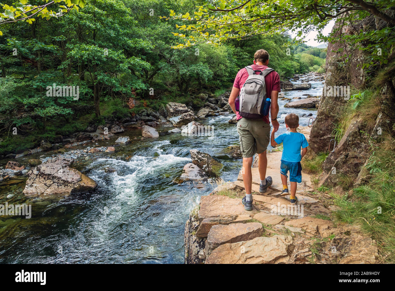 A dad guides his son along a tricky part of the path above the Afon Glaslyn near Beddgelert, Gwynedd, North Wales Stock Photo