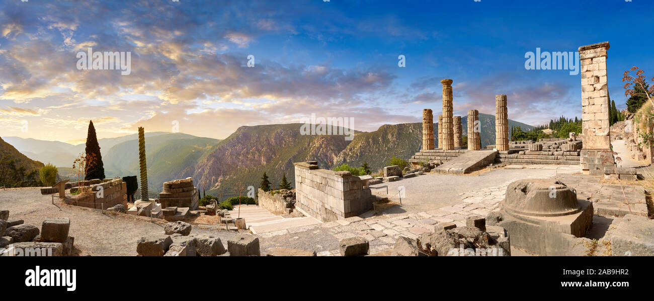 Doric coloums of Delphi Temple of Apollo. and ruins of Delphi archaeological site, Delphi, Greece Stock Photo