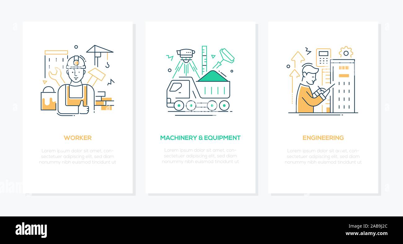 Construction industry - line design style banners set Stock Vector