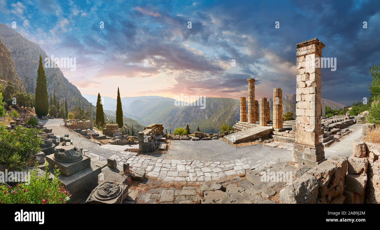 Doric coloums of Delphi Temple of Apollo. and ruins of Delphi archaeological site, Delphi, Greece Stock Photo