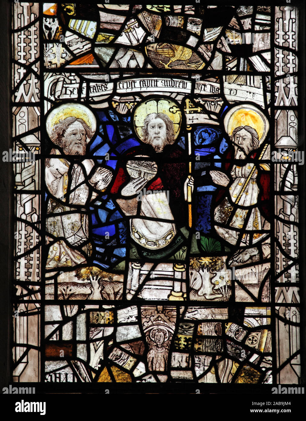 Medieval stained glass window, Church of St Andrew, Greystoke, Cumbria, depicting the 2nd century Apocryphal Story of St Andrew in the City of Wrondon Stock Photo