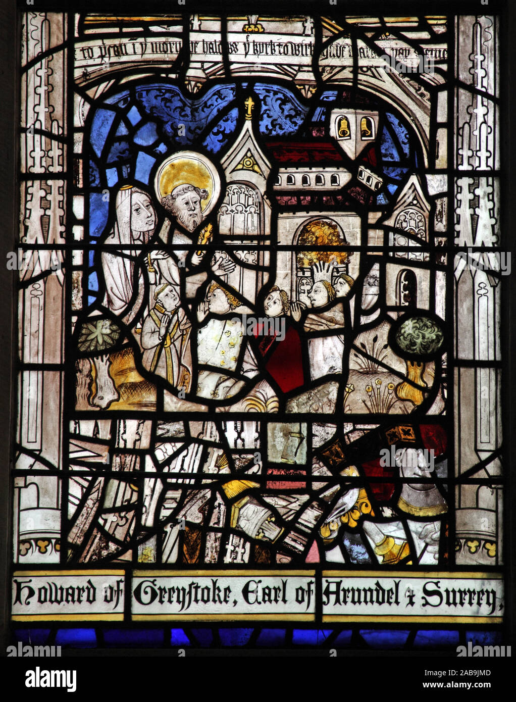Medieval stained glass window, Church of St Andrew, Greystoke, Cumbria, depicting the 2nd century Apocryphal Story of St Andrew in the City of Wrondon Stock Photo