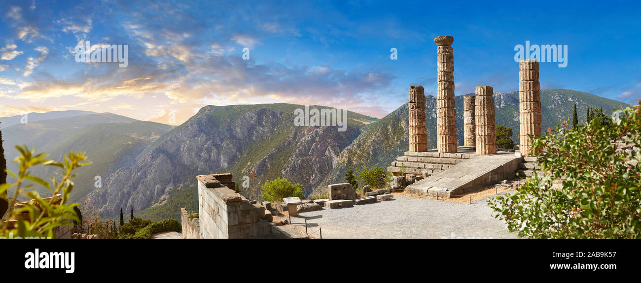 Doric coloums of Delphi Temple of Apollo. and ruins of Delphi archaeological site, Delphi, Greece Stock Photo