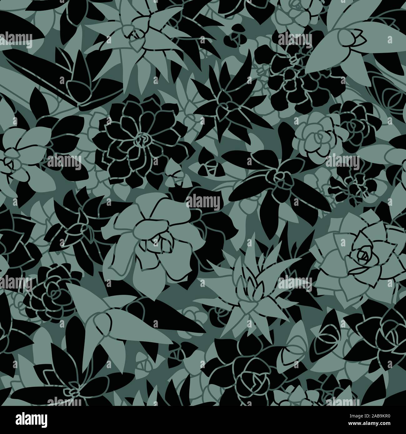 Modern and Unique Succulent Wall Seamless Pattern in Mint and Black Greenery Wallpaper Design Stock Vector