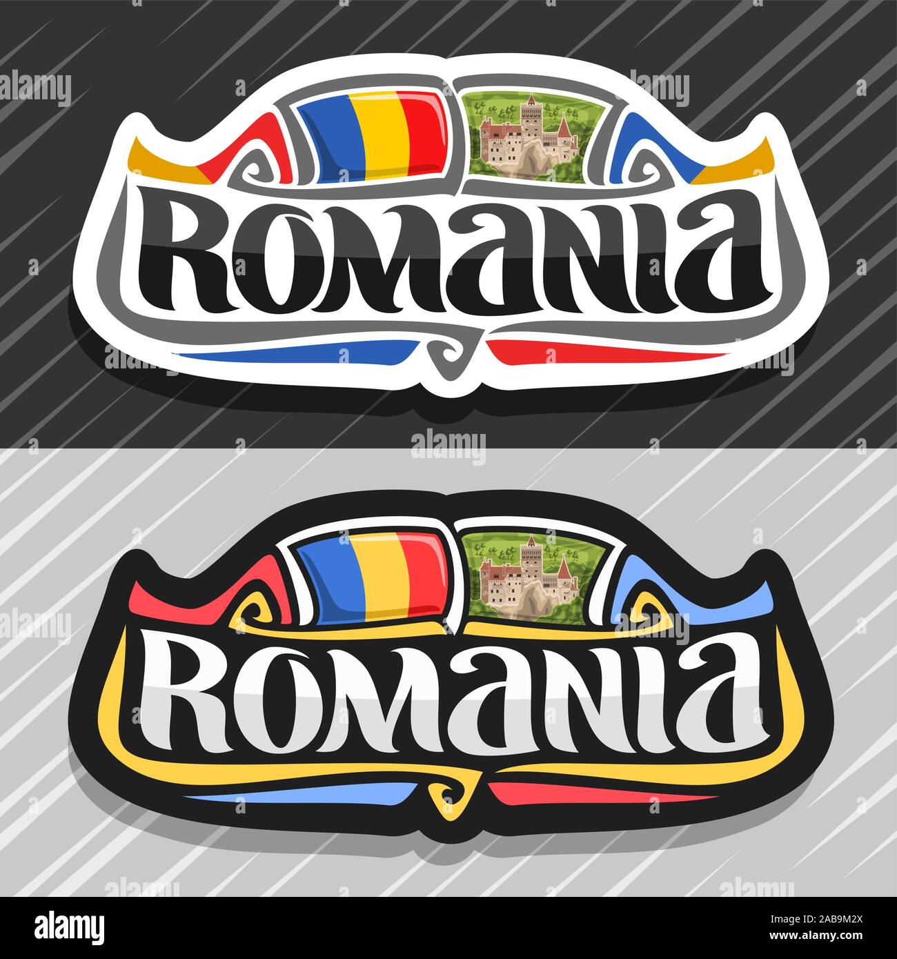 Vector logo for Romania country, fridge magnet with romanian state flag, original brush typeface for word romania and national romanian symbol - Bran Stock Vector