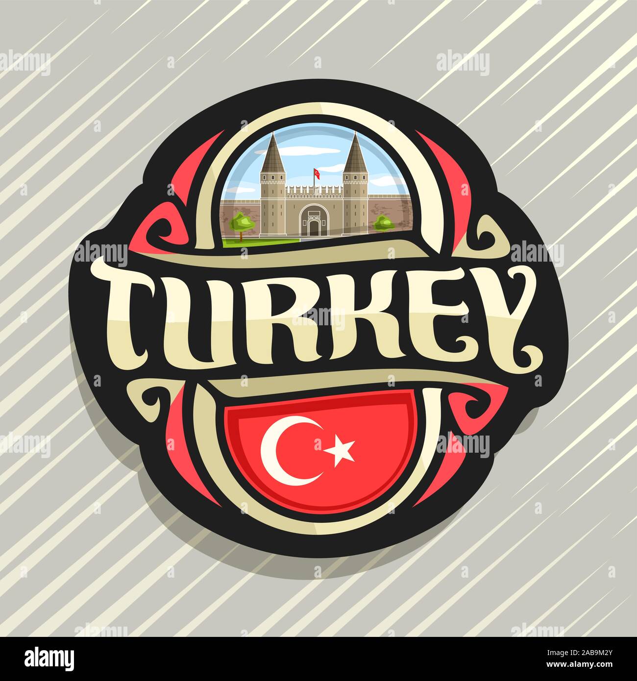 Vector logo for Turkey country, fridge magnet with turkish state flag, original brush typeface for word turkey and national turkish symbol - Topkapi p Stock Vector