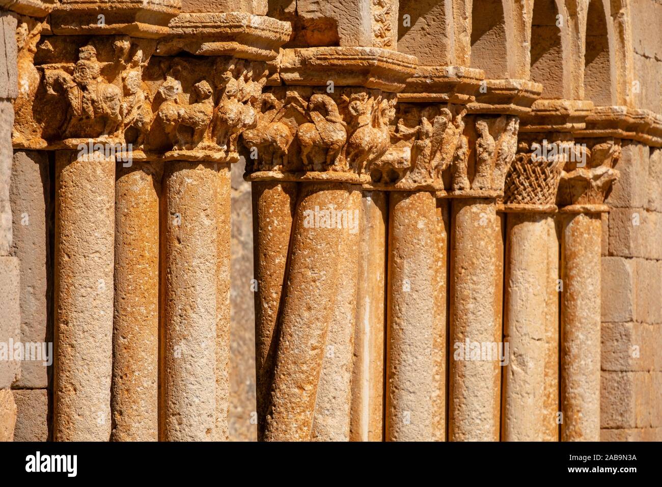 Porticoed gallery, Iglesia de San Pedro Apóstol, Romanesque, 12th Century -declarada Monumento Histórico Artístico Nacional en 1935-, Caracena, Stock Photo