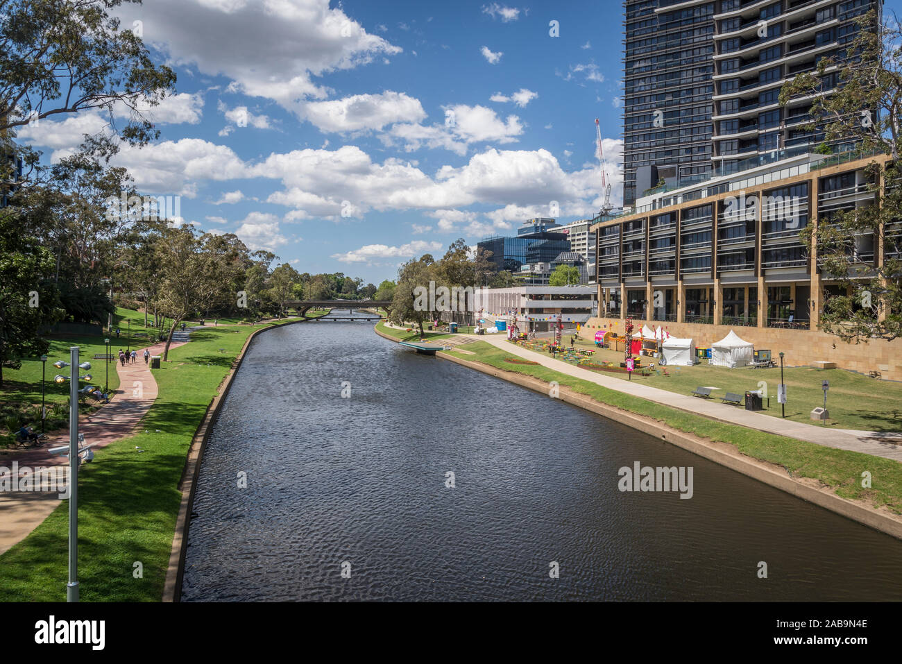 Parramatta River and new housing developments along it in the western suburb of Parramatta, Sydney, Australia Stock Photo