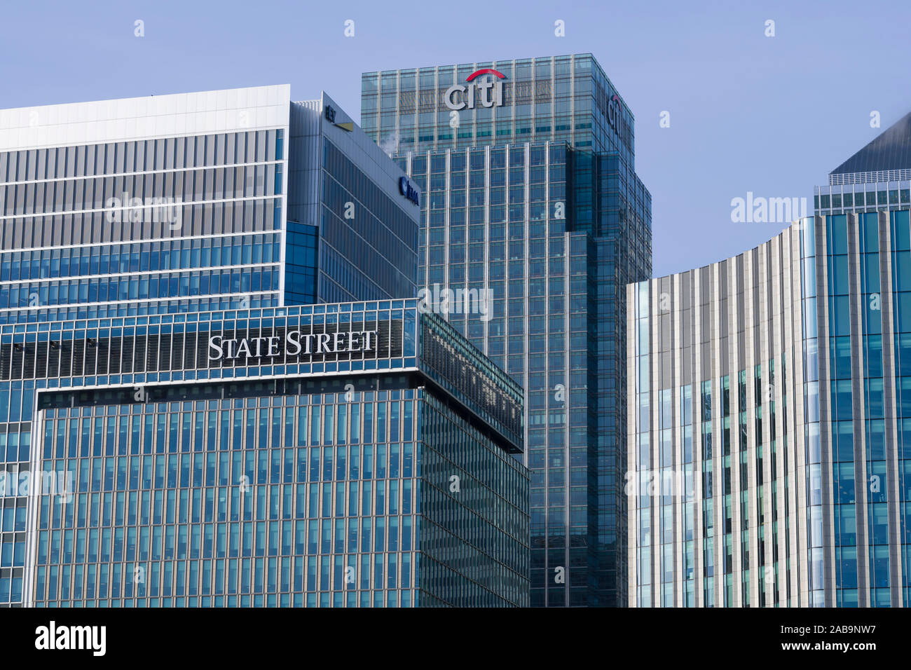 Citi Bank and State Street buildings, Canary Wharf, Financial district, London, UK   Canary Wharf business district is constructed on part of the old Stock Photo