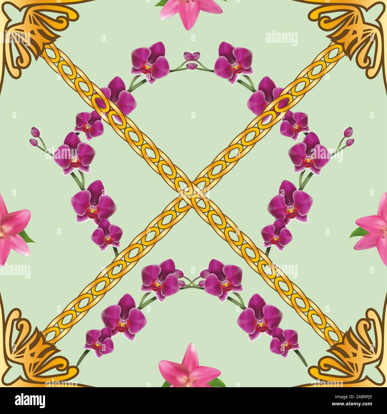 Golden chains and accessories with colorful flowers. Seamless floral ...