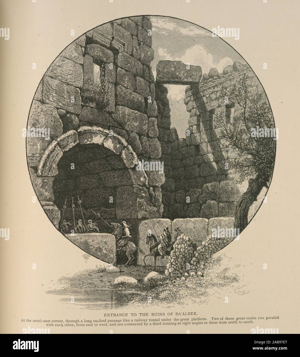 Entrance to the ruins of Ba'albek. At the south-west corner, through a long vaulted passage like a railway tunnel under the great platform. Two of Stock Photo