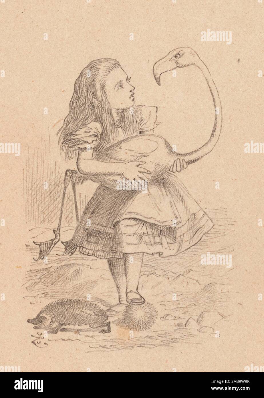 Drawing of Alice trying to play croquet with flamingo and hedgehog