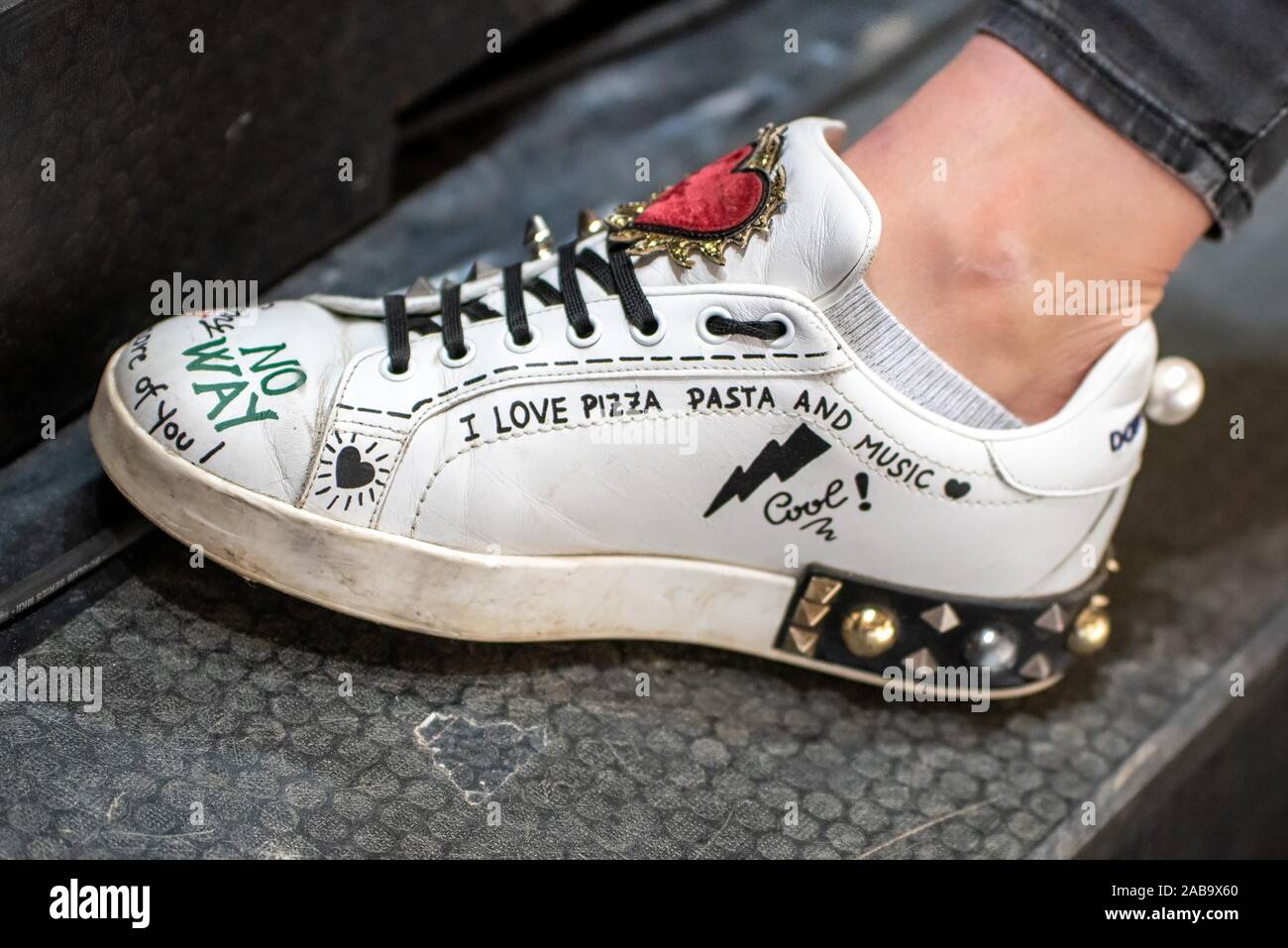 STUTTGART, GERMANY - NOVEMBER 17: Feature, symbol picture, an individually  designed sneaker from a young woman at the Stuttgart German Master 2019 -  Longines FEI Jumping World Cup 2019/2020, Int. Jumping competition