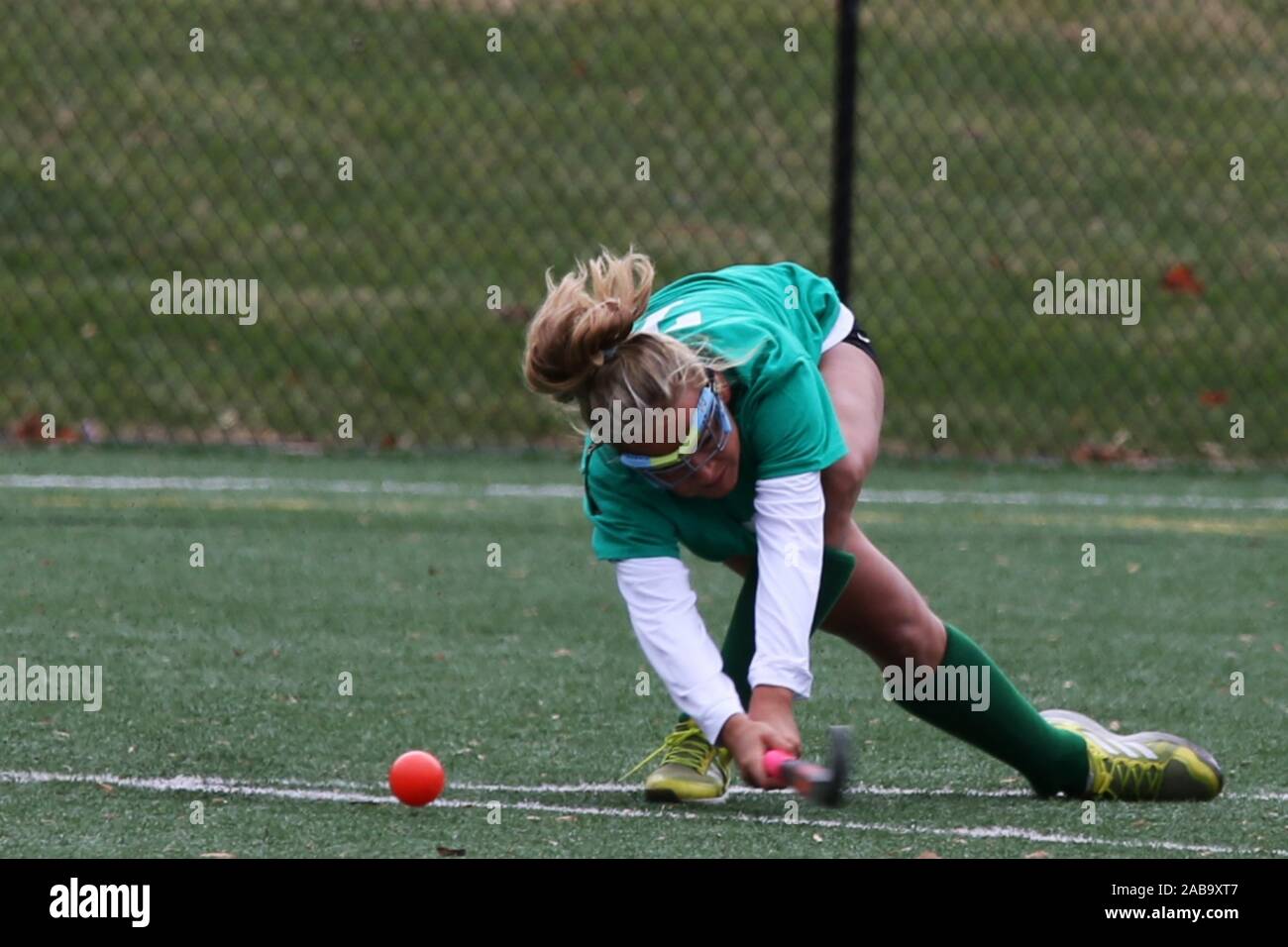 The field hockey players are shooting the ball Stock Photo Alamy