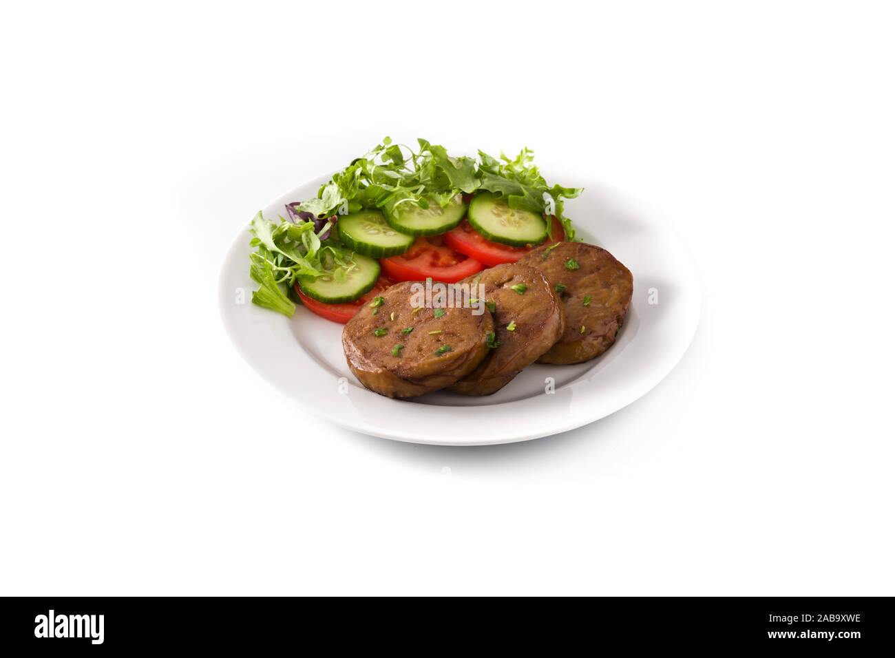 Seitan with vegetables isolated on white background. Fake meat Stock