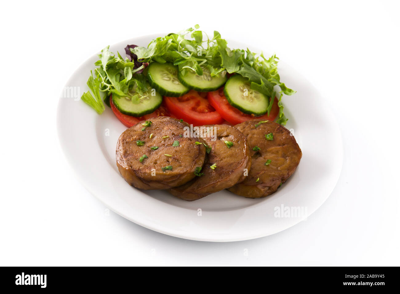 Seitan with vegetables isolated on white background. Fake meat Stock