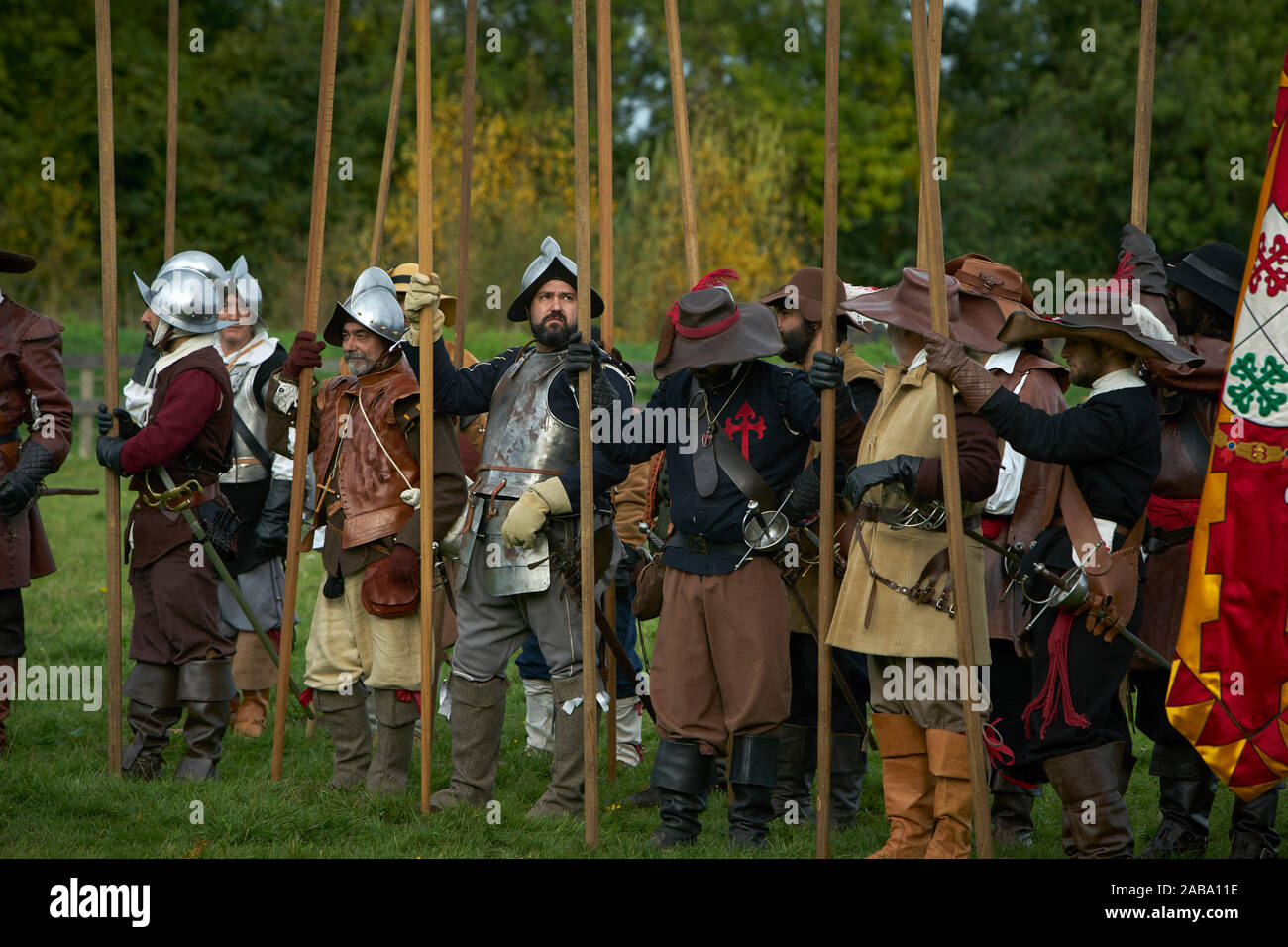Participants of the event rehearse how to walk in formation before the representation of the battle. Stock Photo