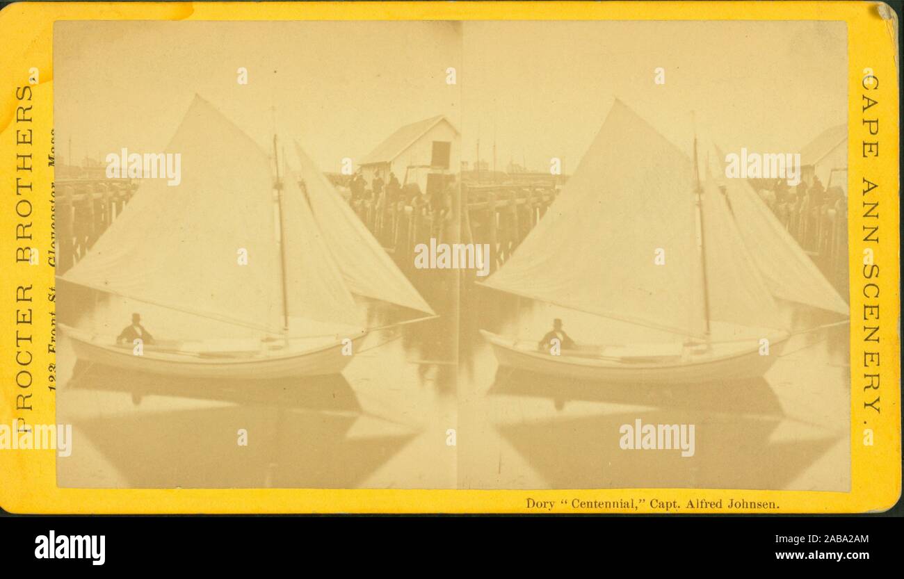 Dory ""Centennial,"" Capt. Alfred Johnsen [Johnson]. Additional title Cape Ann scenery. Procter