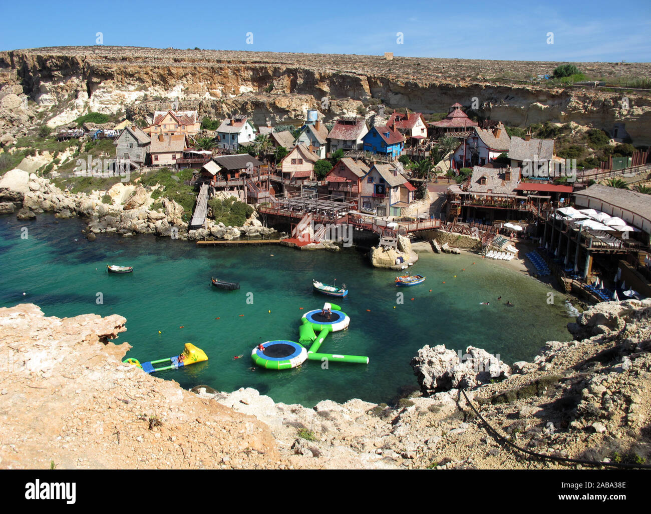 Popeye village, Sweethaven Village near Mellieha Bay, Republic of Malta, Mediterranean sea, Europe Stock Photo