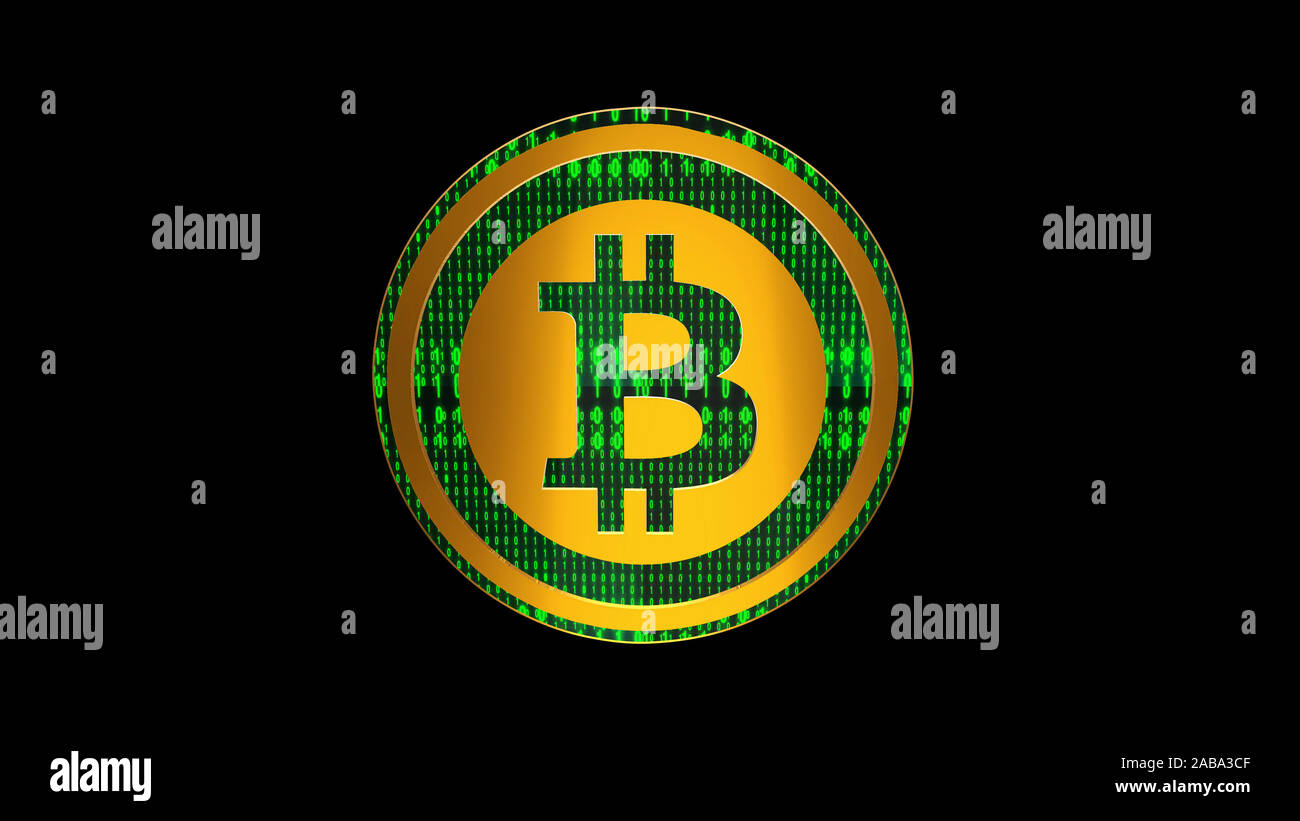 Bitcoin symbol, close up view of gold cryptocurrency coin with binary code  on black background, front view, 3D rendering Stock Photo - Alamy