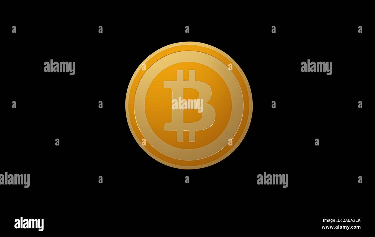 Bitcoin symbol, gold cryptocurrency coin isolated on black background, front view, 3D rendering Stock Photo