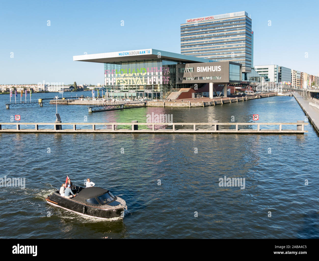 Waterfront view with Music Building on the IJ, Bimhuis, Zouthaven restaurant and hotel in Amsterdam City, Netherlands Stock Photo