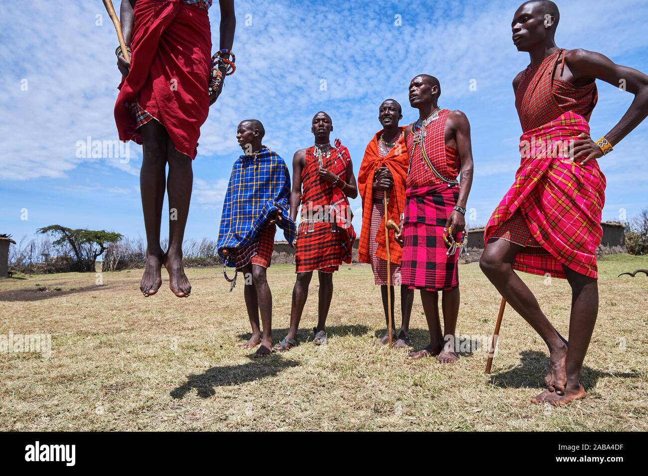 Young Maasai men performing a traditional jumping dance, Masai Mara National Reserve, Kenya. Stock Photo