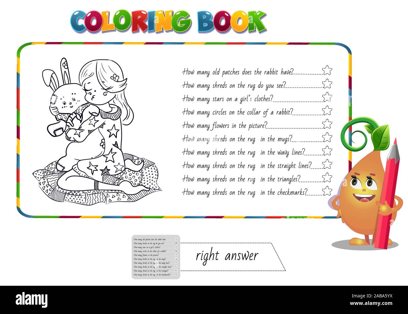 Download Game Book Coloring With Questions On A Picture With A Girl Hugging A Soft Toy Rabbit Stock Vector Image Art Alamy