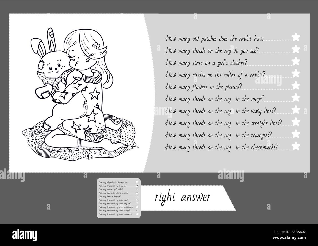 Download Game Book Coloring With Questions On A Picture With A Girl Hugging A Soft Toy Rabbit Stock Vector Image Art Alamy